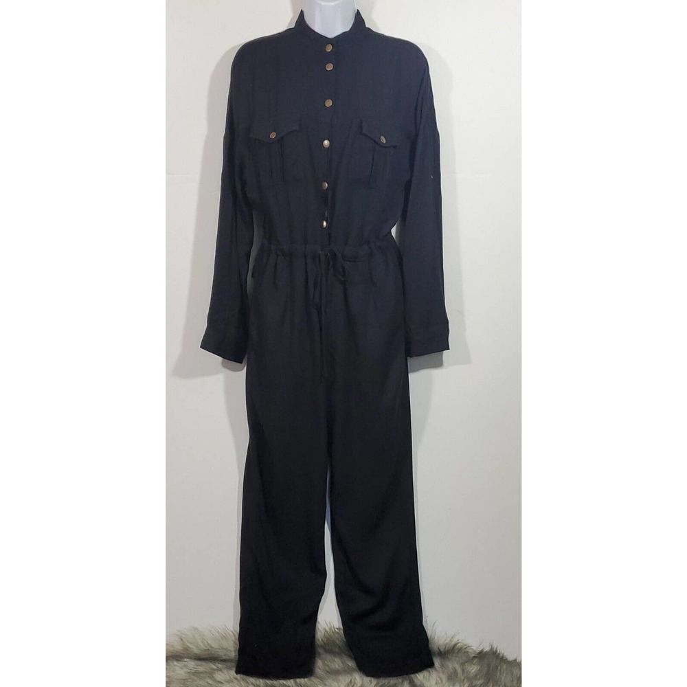 A. Peach Small Roll Tab Snap Up Pockets Long Sleeve Drawstring Black Jumpsuit